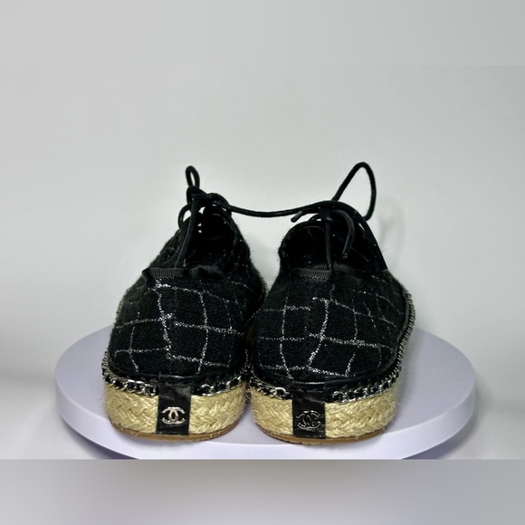 Chanel Black Quilted Lace-Up Espadrille Sneakers Size 38 Designer Luxury - Picture 12 of 13
